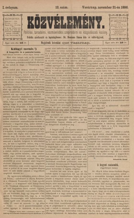 Közvélemény, 1. évf. 1886. november 21. 12. sz.