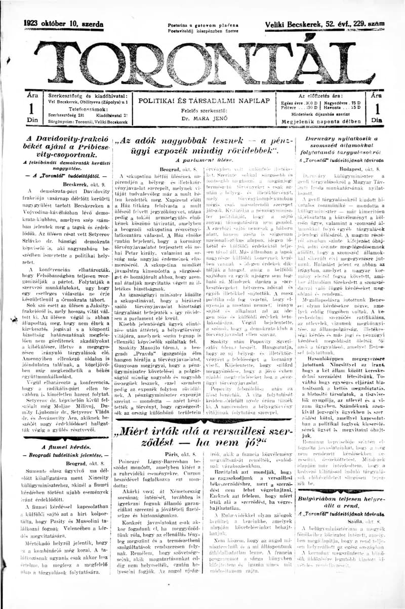 Torontál, 52. évf. 1923. október 10. 229. sz.