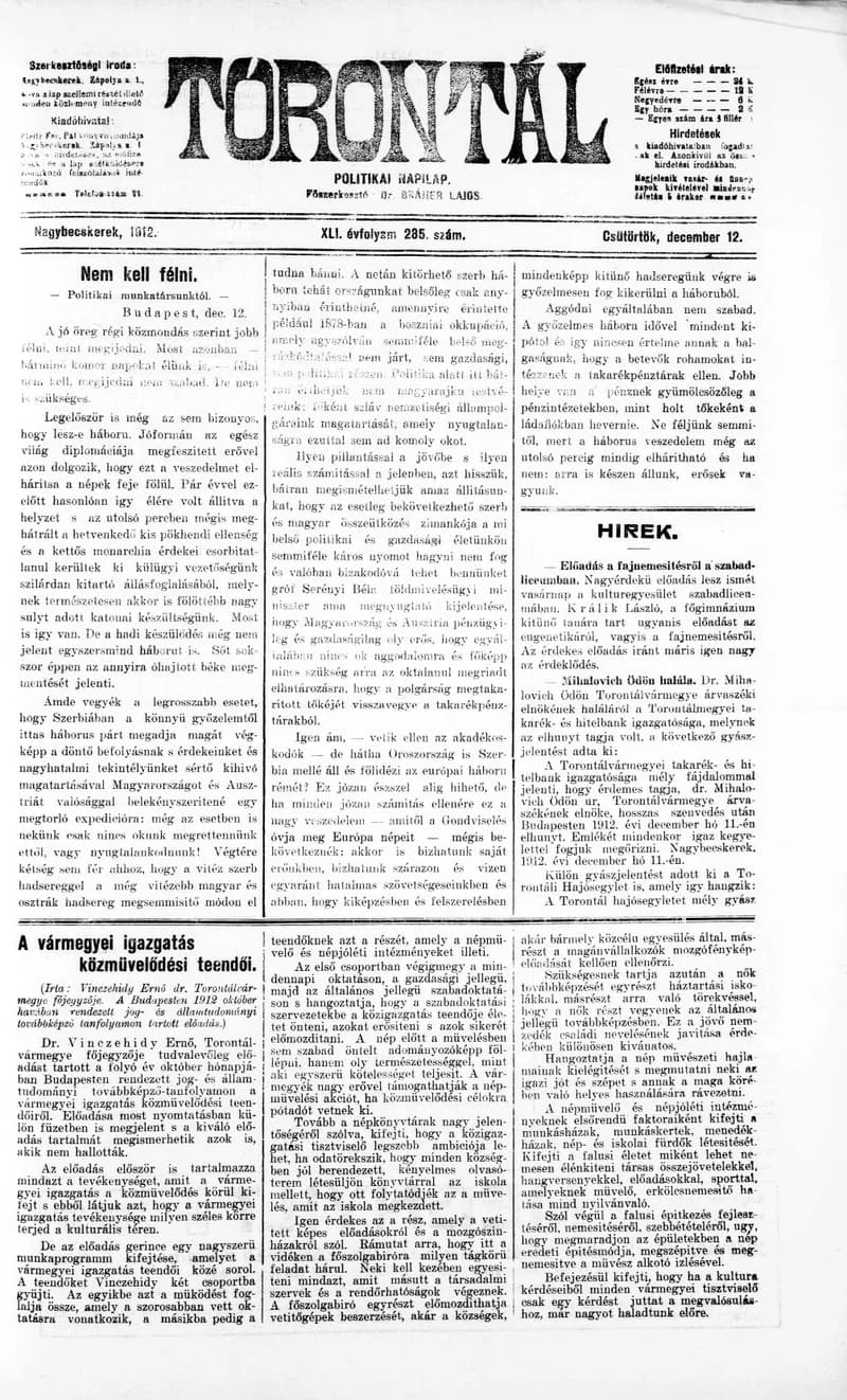 Torontál, 41. évf. 1912. december 12. 285. sz.