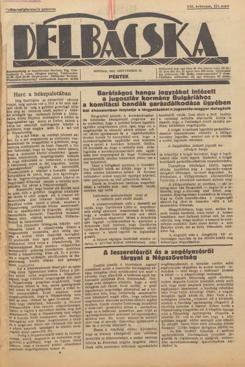 Délbácska, 8. évf. 1927. szeptember 23. 221. sz.