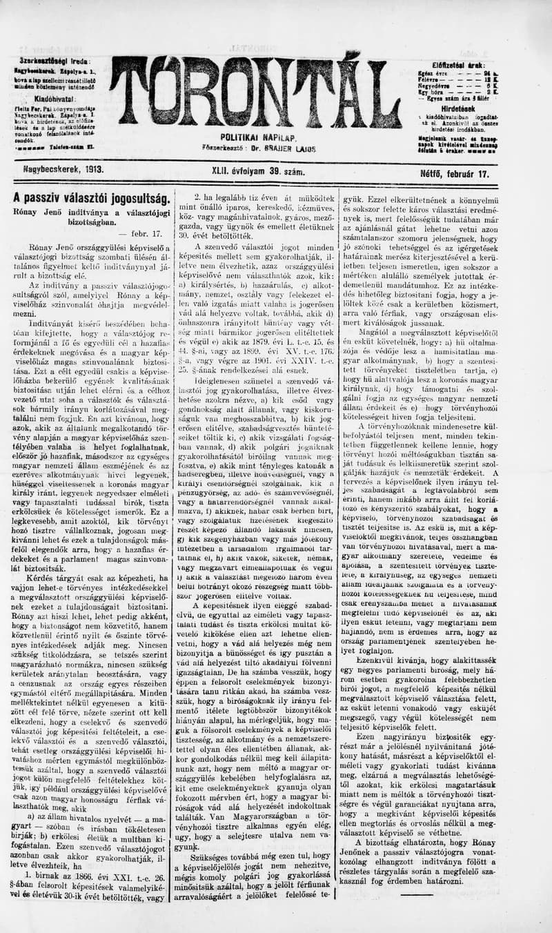 Torontál, 42. évf. 1913. február 17. 39. sz.