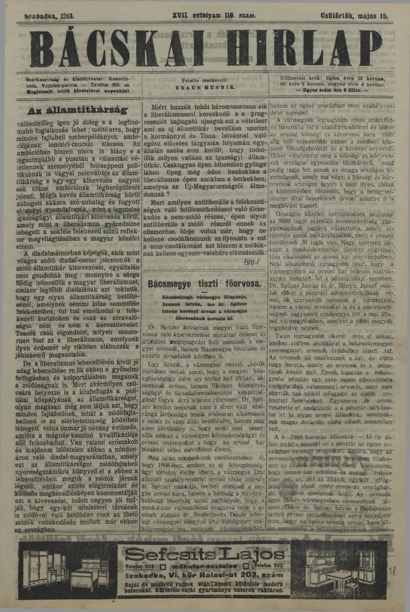 Bácskai Hirlap, 17. évf. 1913. május 15. 110. sz.