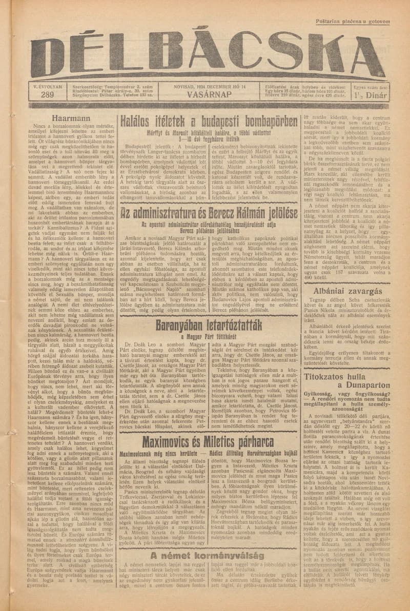 Délbácska, 5. évf. 1924. december 14. 289. sz.