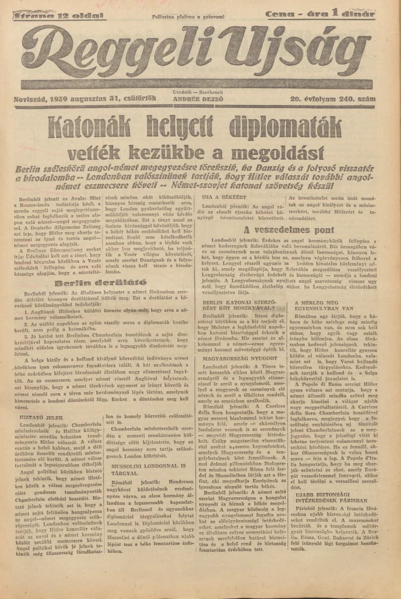 Reggeli Újság, 20. évf. 1939. augusztus 31. 240. sz.