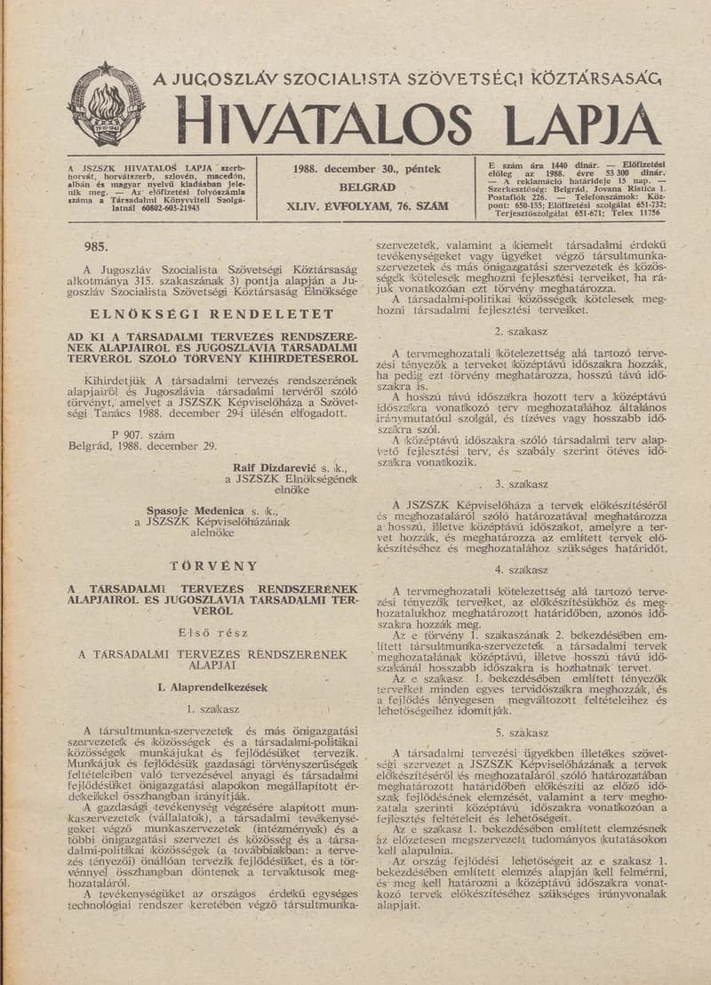 A Jugoszláv Szocialista Szövetségi Köztársaság Hivatalos Lapja, 44. évf. 1988. december 30. 76. sz. 1917–1940. oldal
