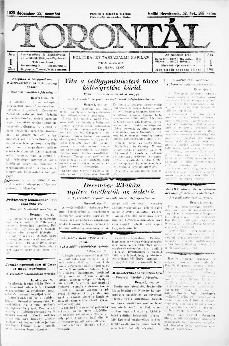 Torontál, 52. évf. 1923. december 22. 288. sz.