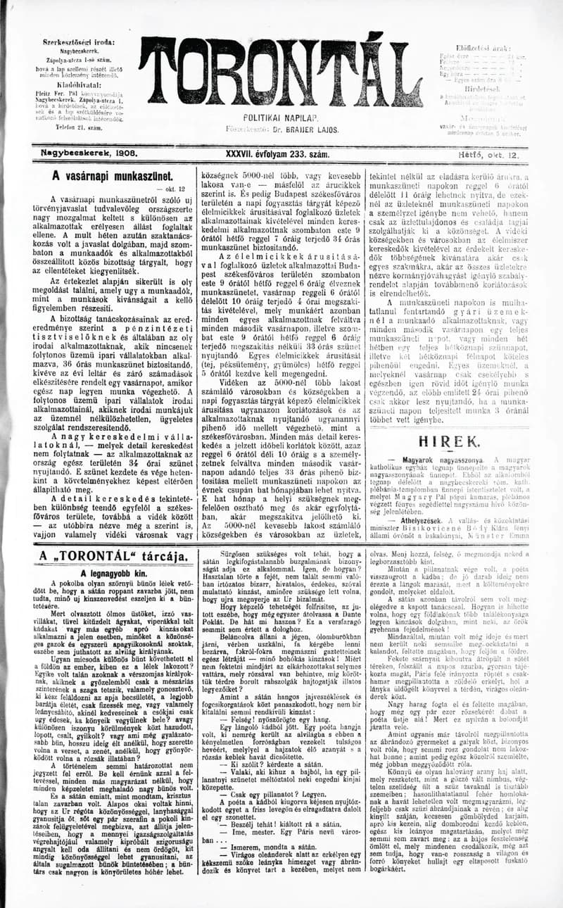Torontál, 37. évf. 1908. október 12. 233. sz.