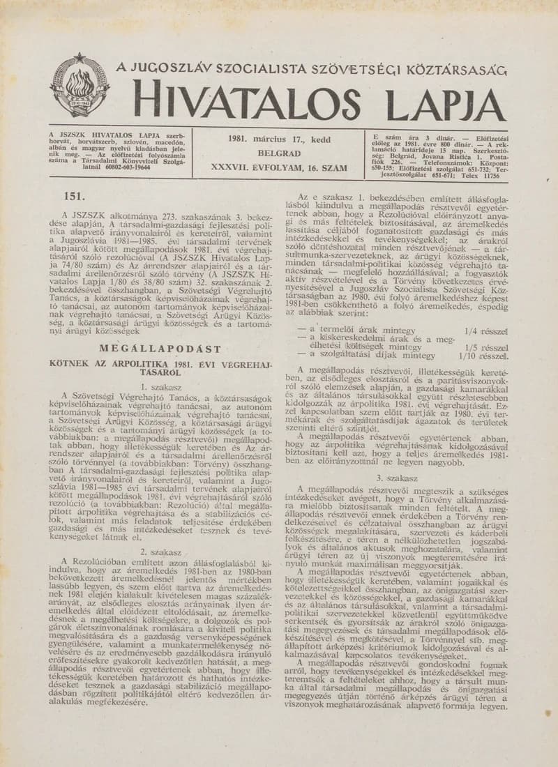 A Jugoszláv Szocialista Szövetségi Köztársaság Hivatalos Lapja, 37. évf. 1981. március 17. 16. sz. 397–404. oldal