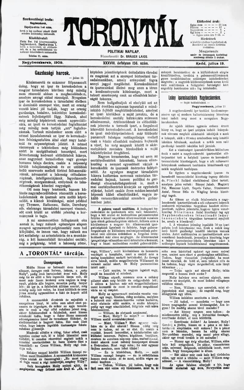 Torontál, 38. évf. 1909. július 13. 156. sz.