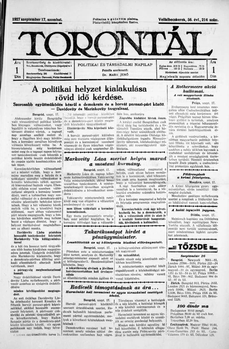 Torontál, 56. évf. 1927. szeptember 17. 214. sz.