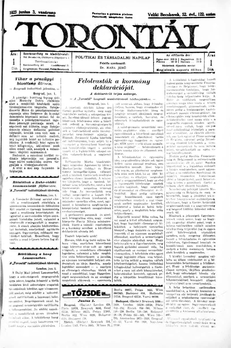 Torontál, 52. évf. 1923. június 3. 122. sz.