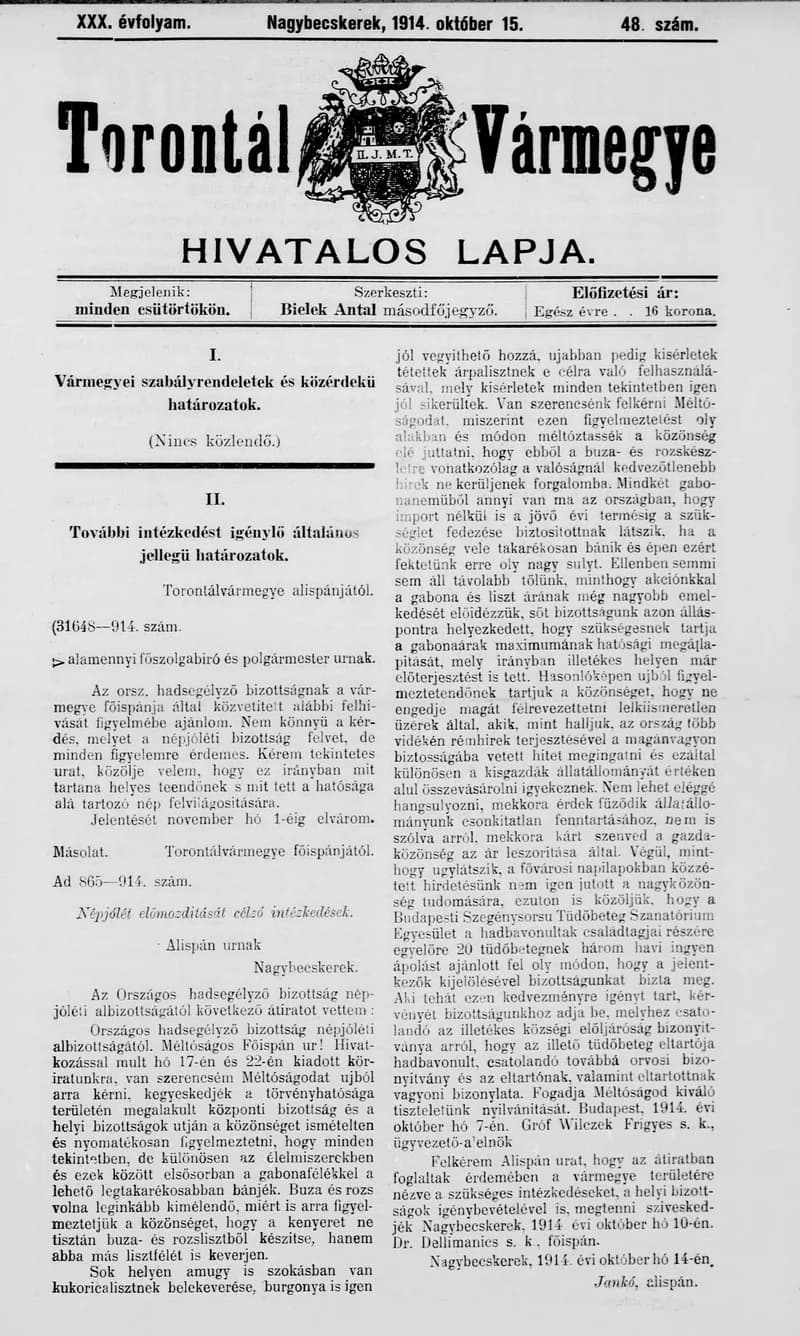 Torontál Vármegye Hivatalos Lapja, 30. évf. 1914. október 15. 48. sz.
