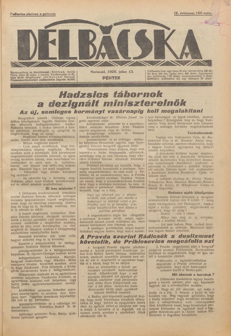 Délbácska, 9. évf. 1928. július 13. 160. sz.