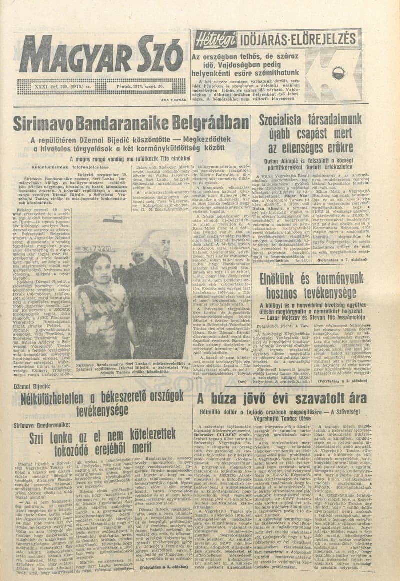 Magyar Szó, 31. évf. 1974. szeptember 20. 259. sz. 1–20. oldal