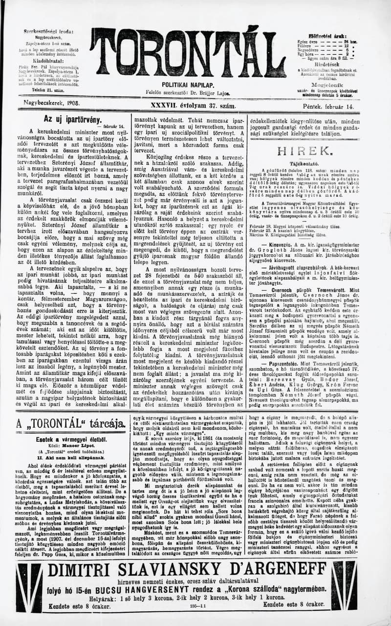Torontál, 37. évf. 1908. február 14. 37. sz.