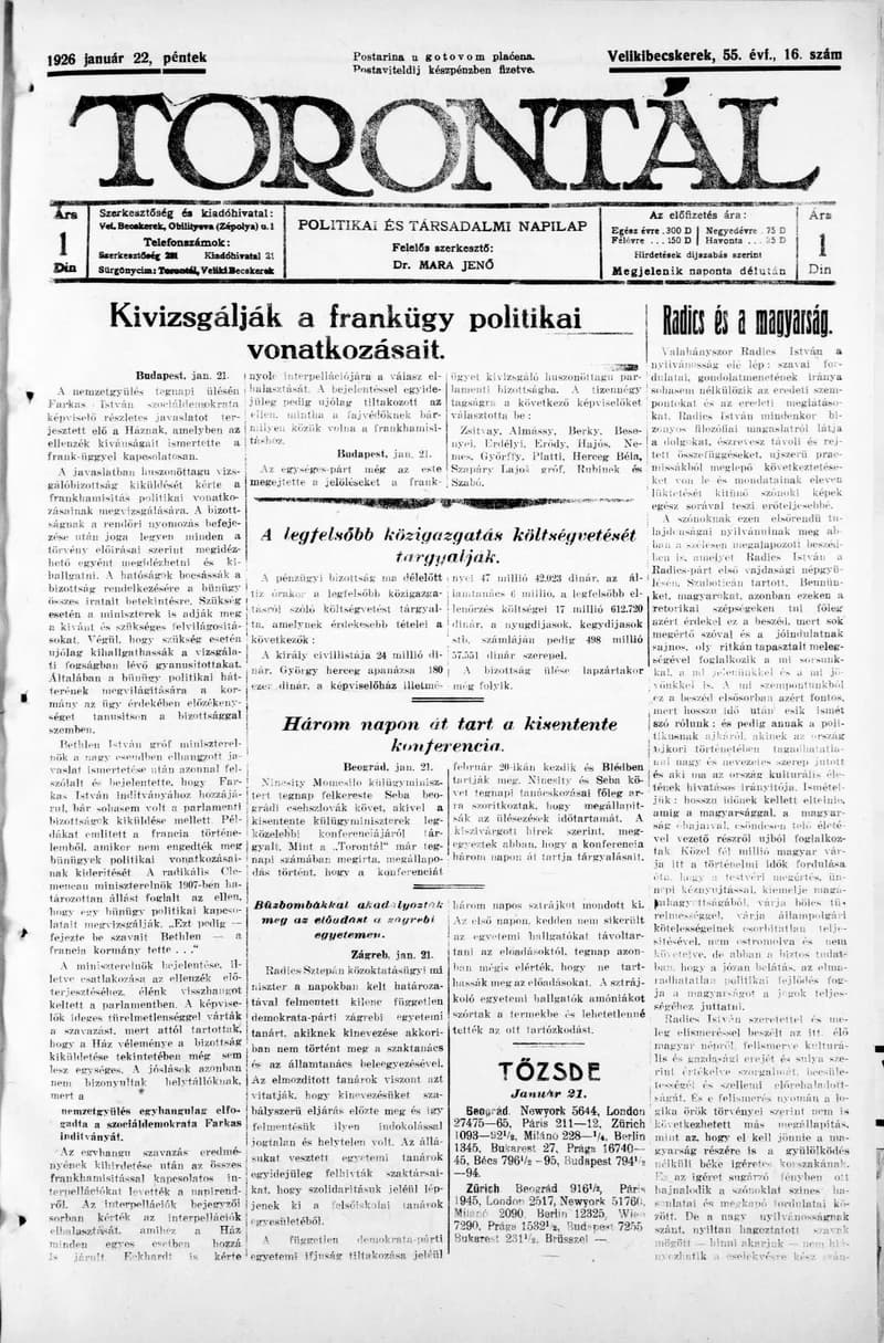 Torontál, 55. évf. 1926. január 22. 16. sz.