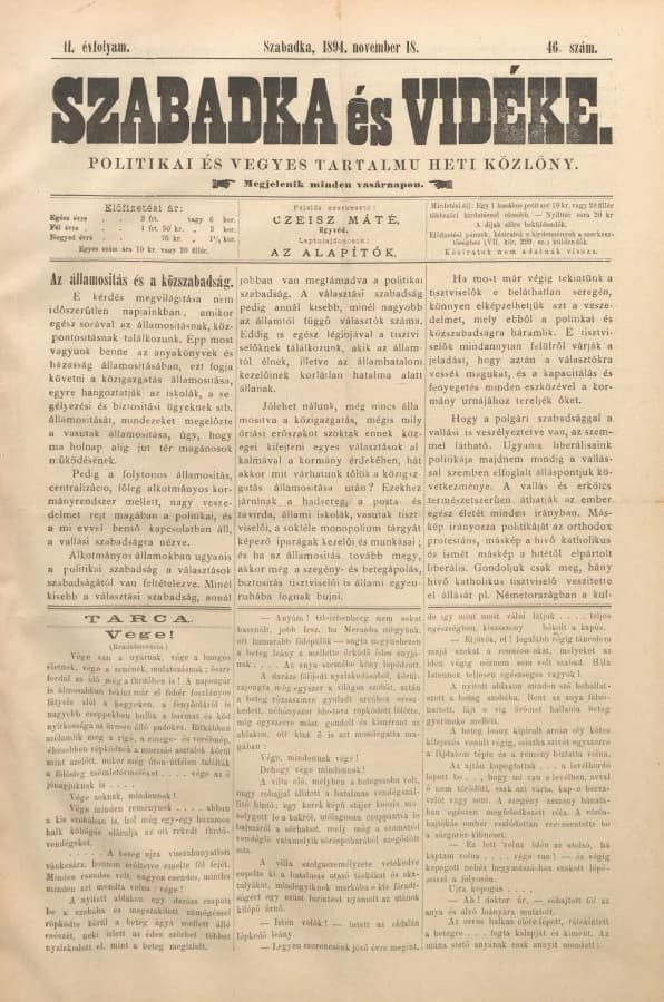 Szabadka és vidéke II, 2. évf. 1894. november 18. 46. sz.