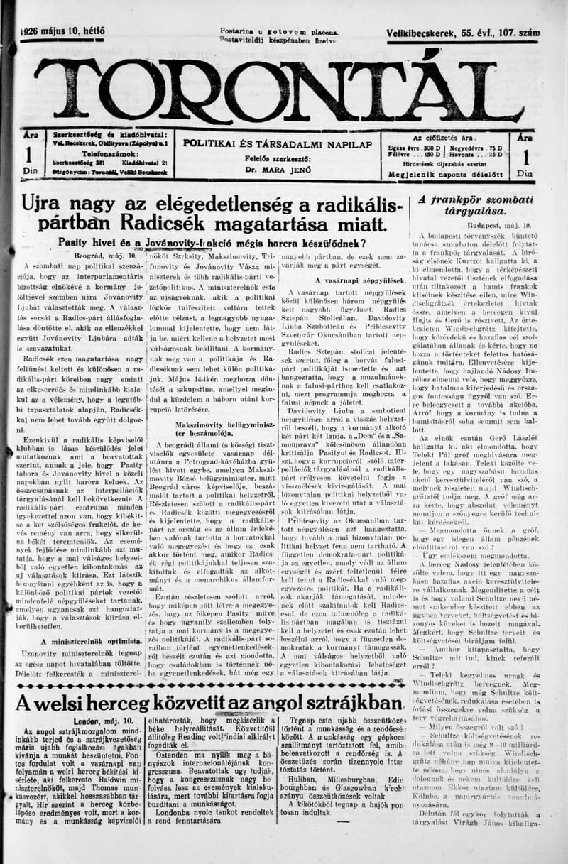 Torontál, 55. évf. 1926. május 10. 107. sz.