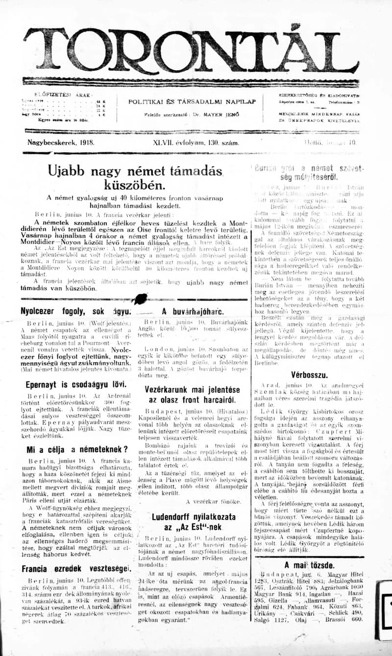 Torontál, 47. évf. 1918. június 10. 130. sz.