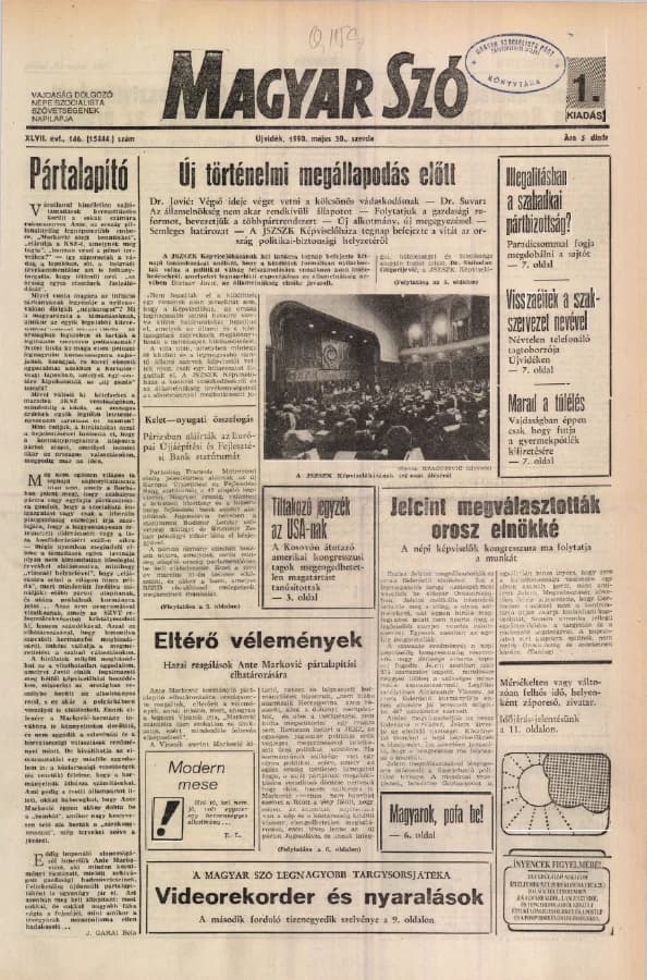 Magyar Szó, 47. évf. 1990. május 30. 146. sz. 1–20. oldal