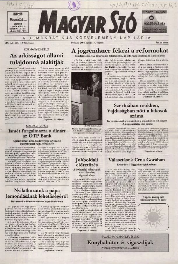 Magyar Szó, 59. évf. 2002. május 17. 113. sz. 1–16. oldal