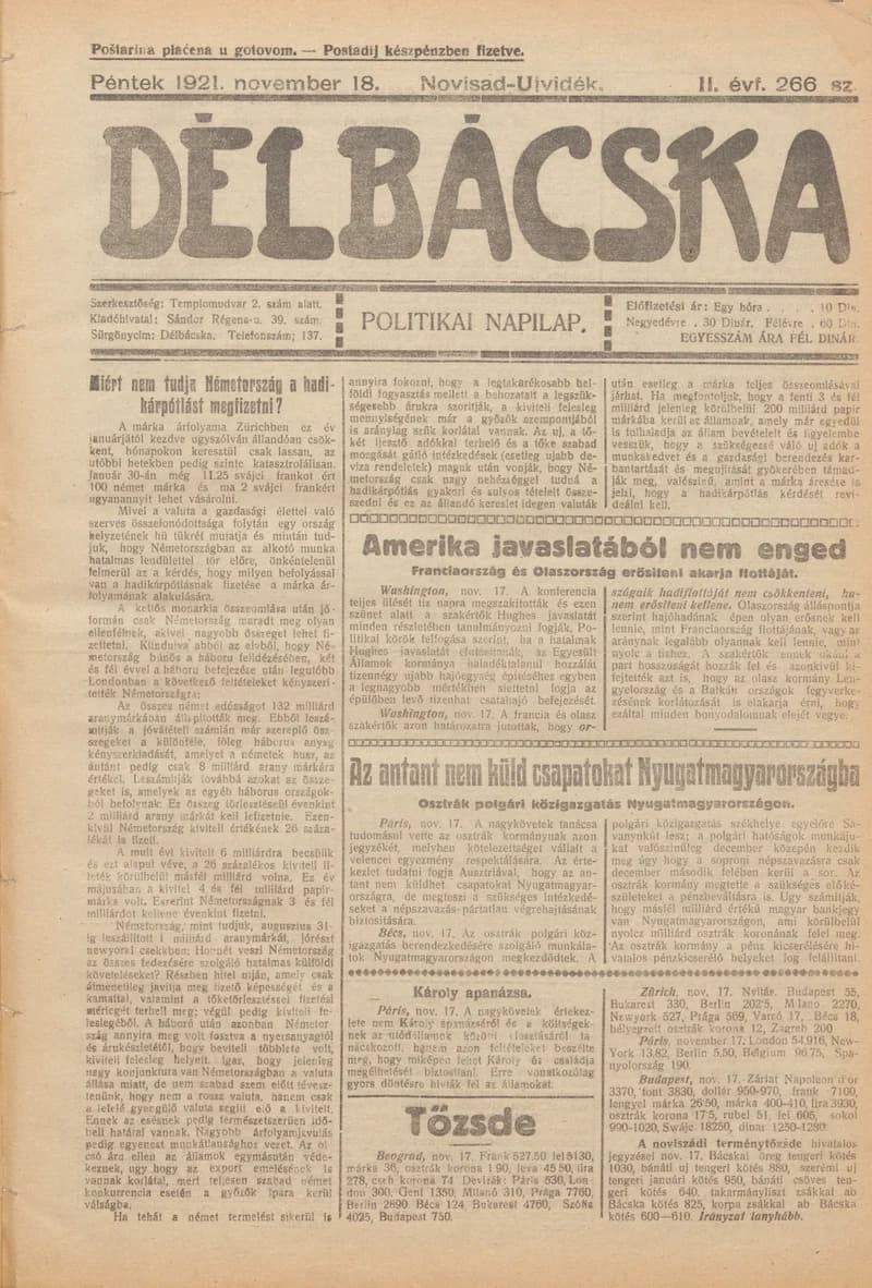 Délbácska, 2. évf. 1921. november 18. 266. sz.