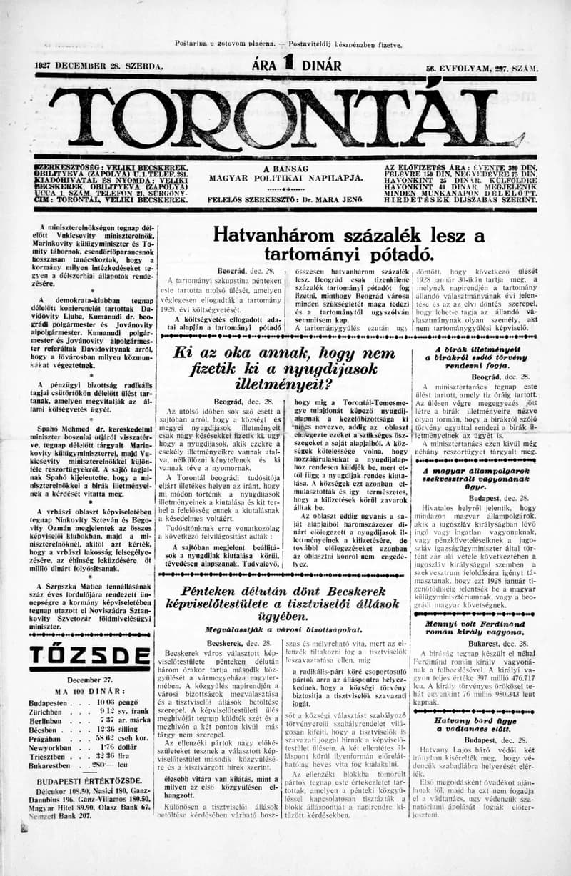 Torontál, 56. évf. 1927. december 28. 297. sz.