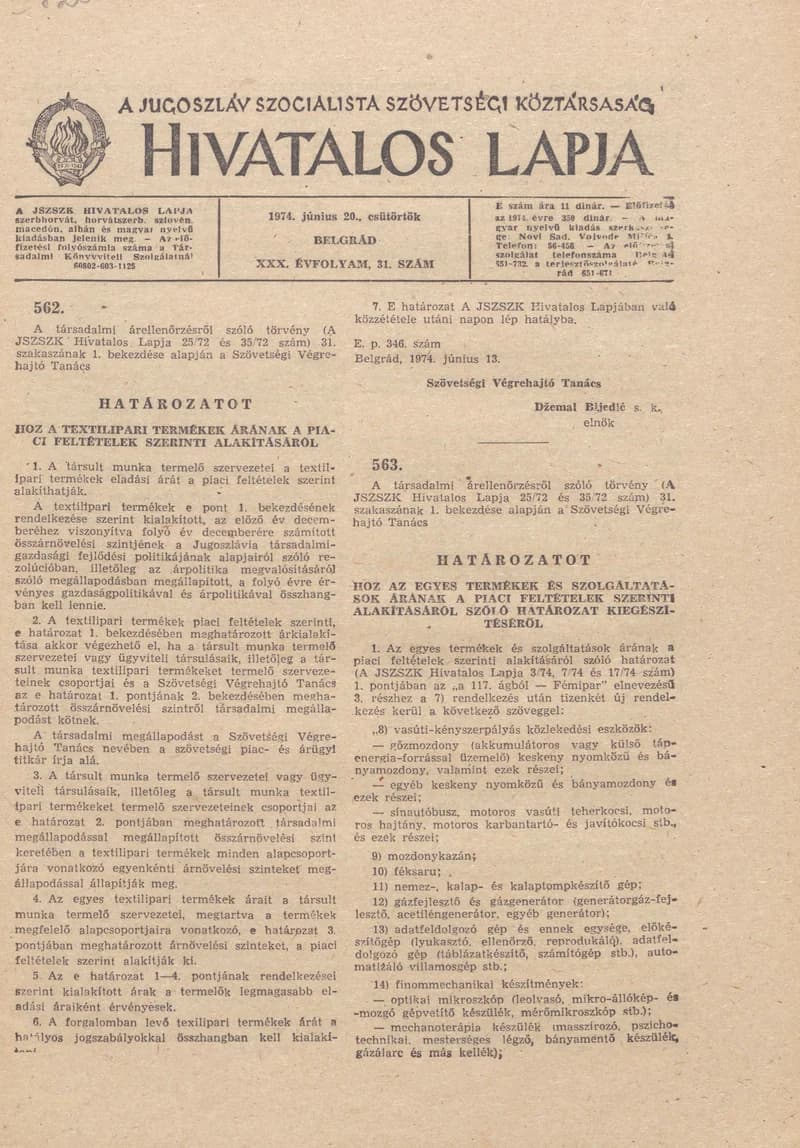 A Jugoszláv Szocialista Szövetségi Köztársaság Hivatalos Lapja, 30. évf. 1974. június 20. 31. sz. 1077–1120. oldal