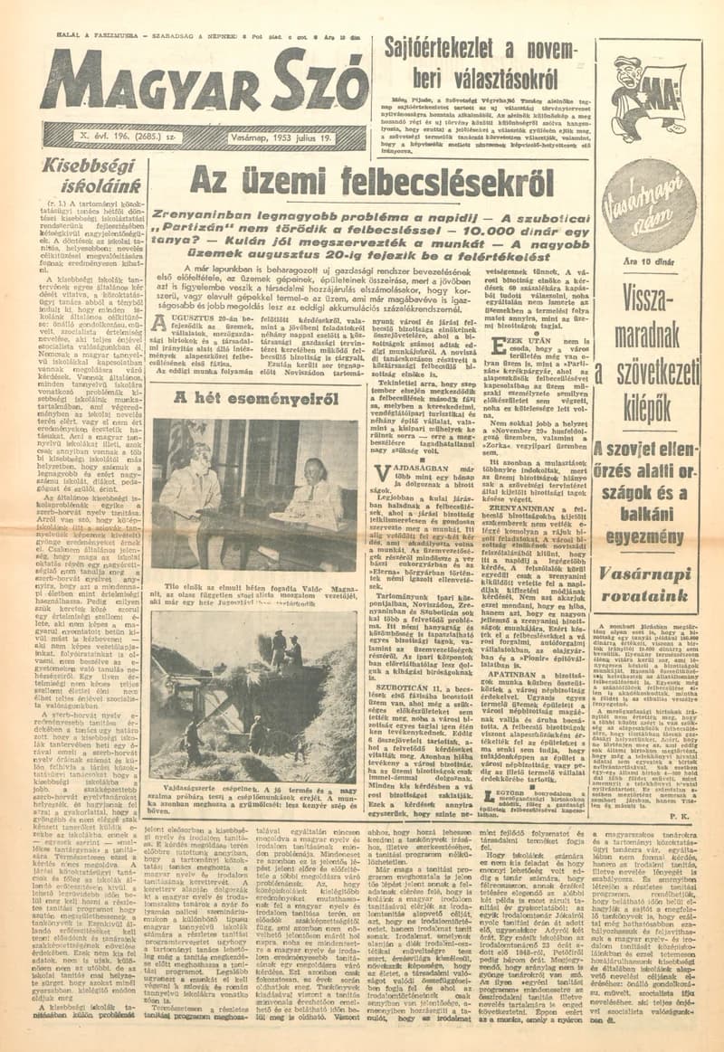 Magyar Szó, 10. évf. 1953. július 19. 196. sz. 1–14. oldal