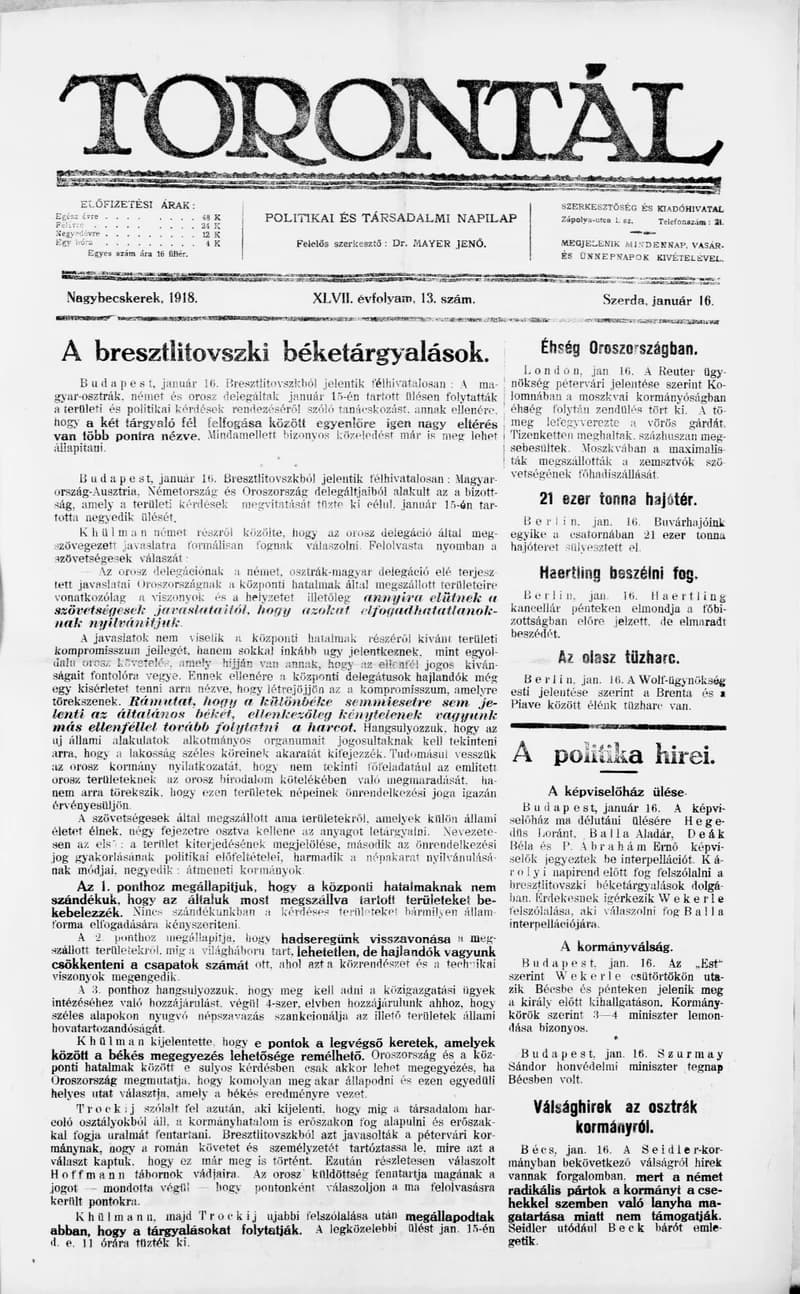Torontál, 47. évf. 1918. január 16. 13. sz.