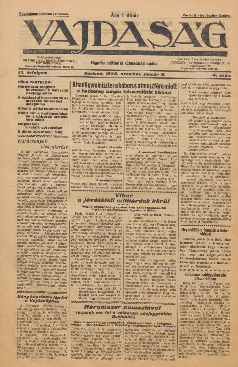 Vajdaság, 3. évf. 1923. január 6. 4. sz.