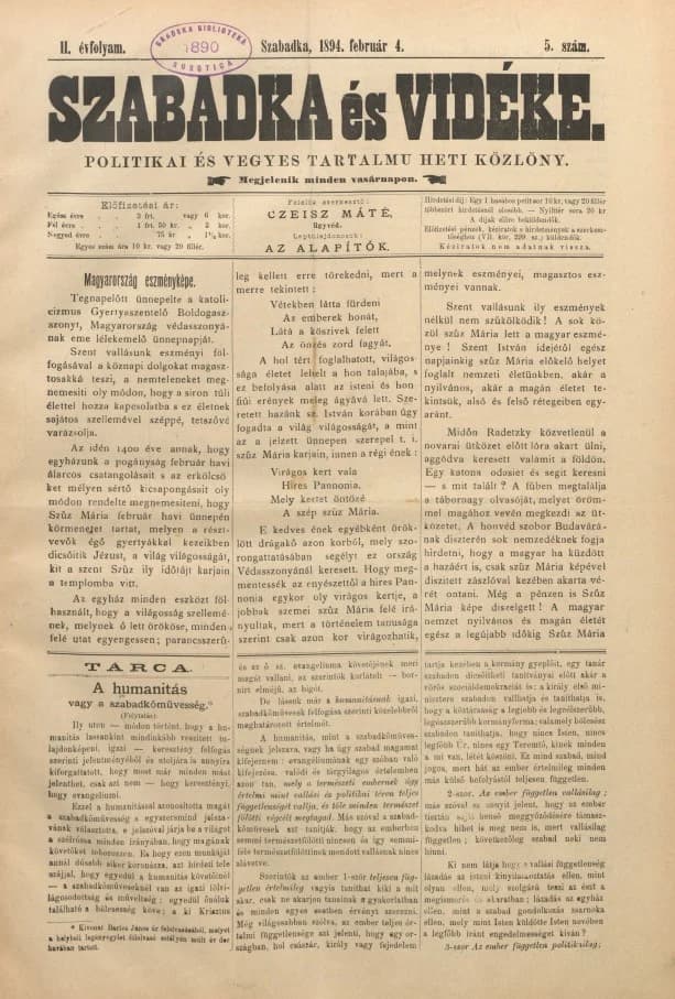 Szabadka és vidéke II, 2. évf. 1894. február 4. 5. sz.