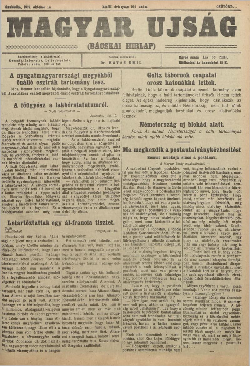 Bácskai Hirlap, 23. évf. 1919. október 16. 104. sz.