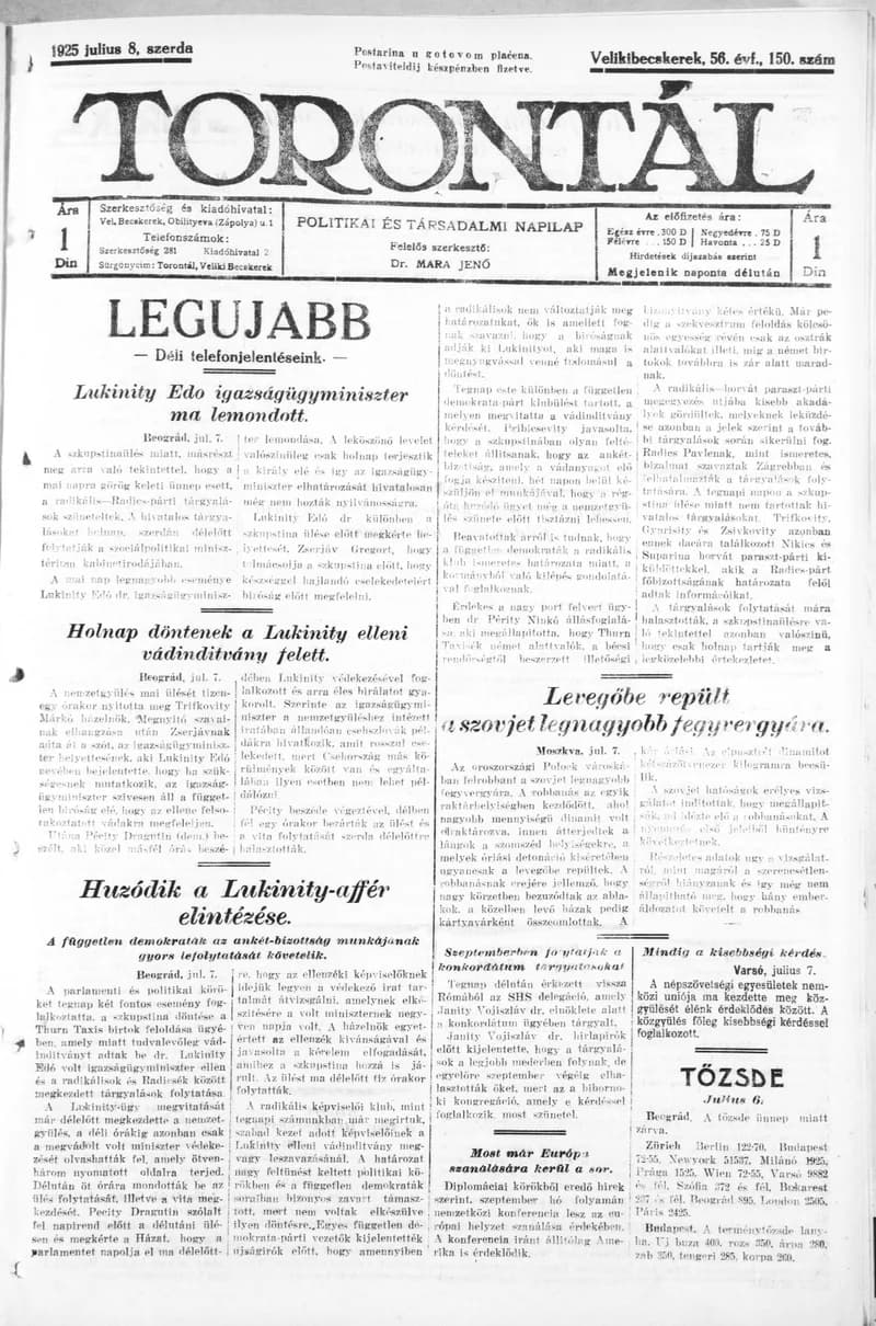 Torontál, 54. évf. 1925. július 8. 150. sz.