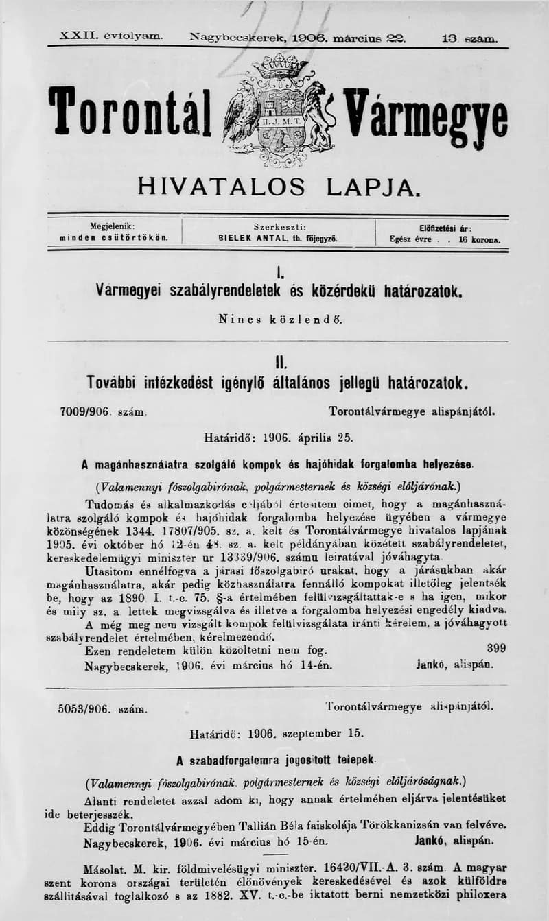 Torontál Vármegye Hivatalos Lapja, 22. évf. 1906. március 22. 13. sz.