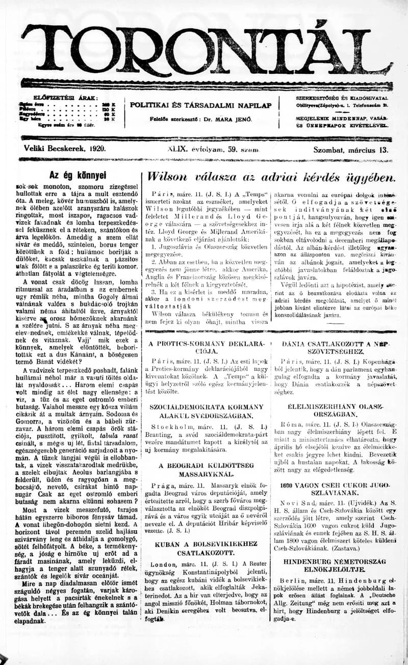 Torontál, 49. évf. 1920. március 13. 59. sz.