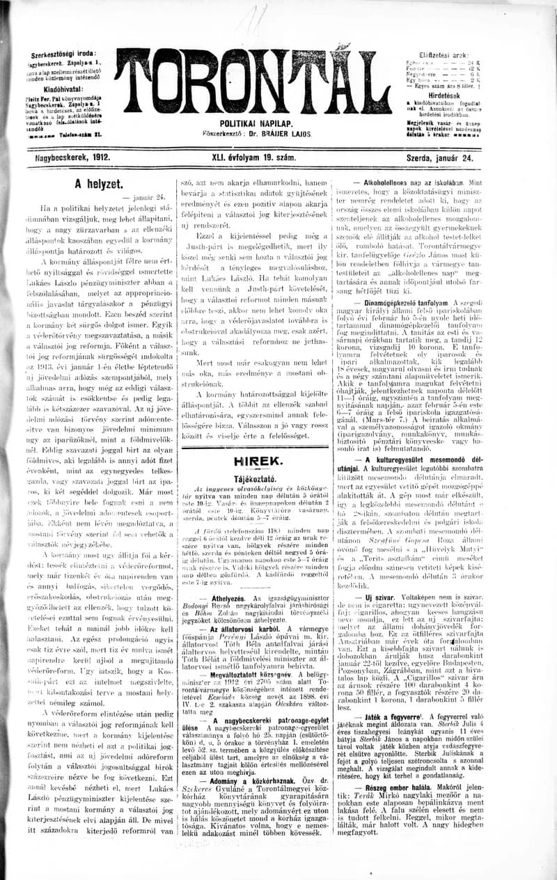 Torontál, 41. évf. 1912. január 24. 19. sz.