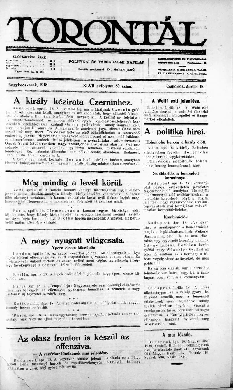 Torontál, 47. évf. 1918. április 18. 89. sz.