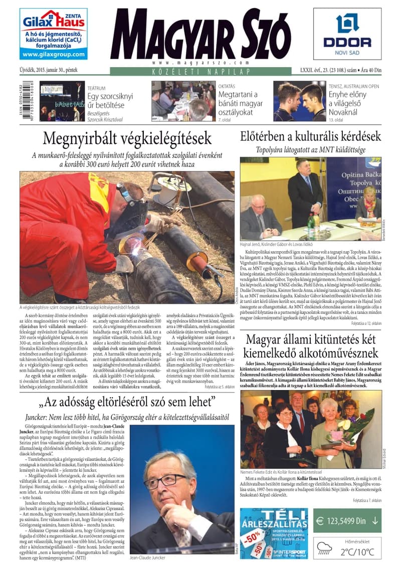Magyar Szó, 72. évf. 2015. január 30. 23. sz. 1. oldal