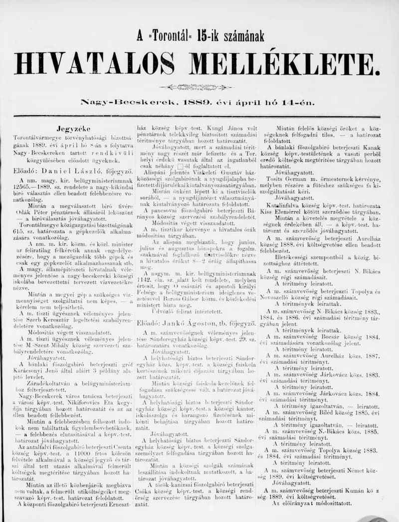 A Totontál  hivatalos melléklete, 2. évf. 1889. április 14. 15. sz.