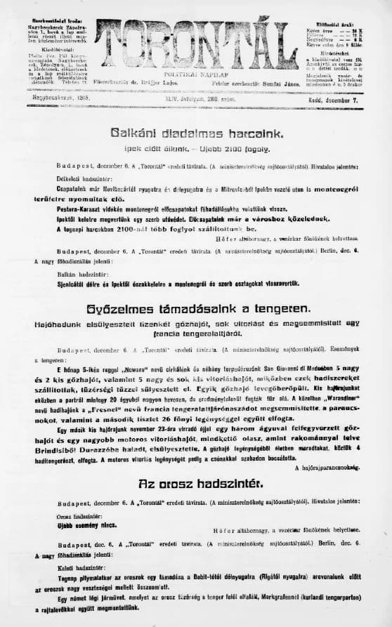 Torontál, 44. évf. 1915. december 7. 280. sz.