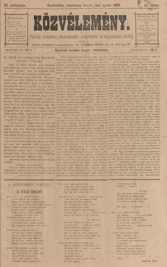 Közvélemény, 3. évf. 1888. december 23. 52. sz.