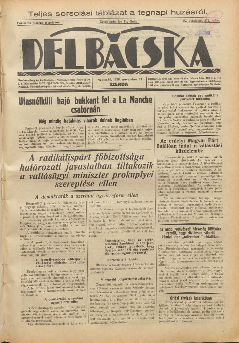 Délbácska, 9. évf. 1928. november 21. 272. sz.