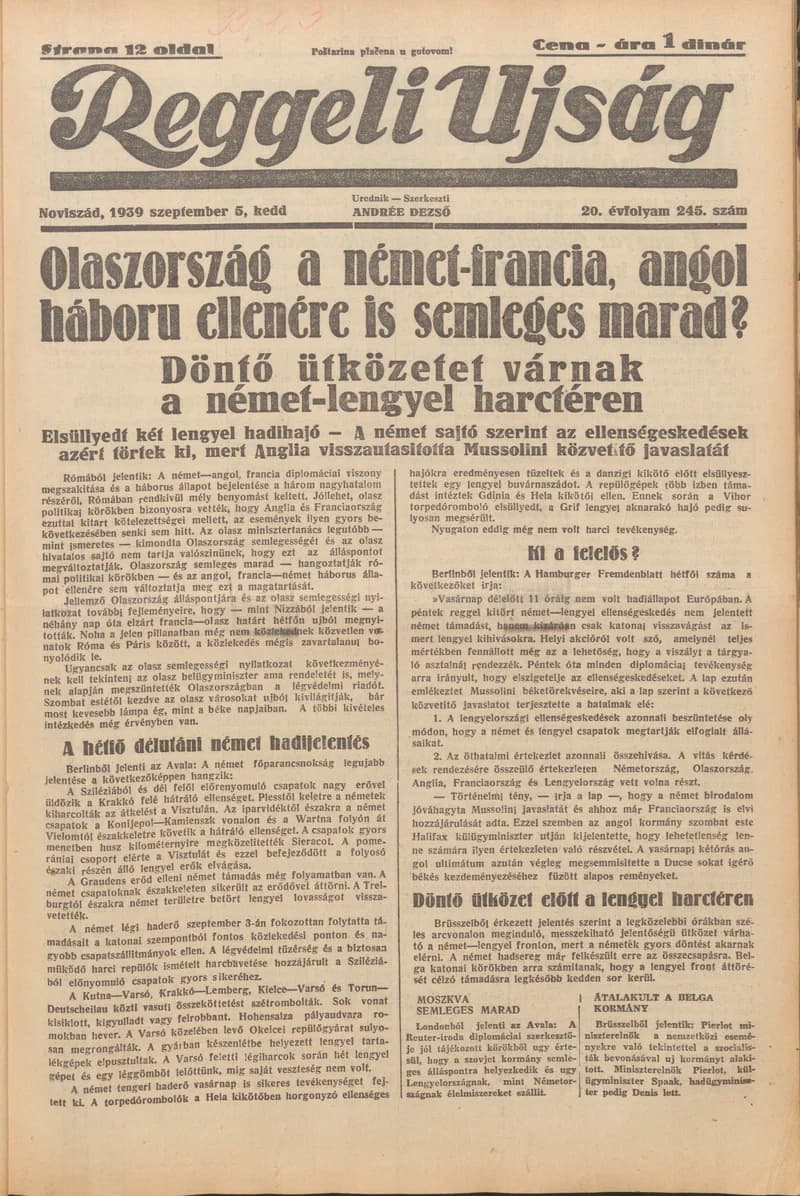 Reggeli Újság, 20. évf. 1939. szeptember 5. 245. sz.