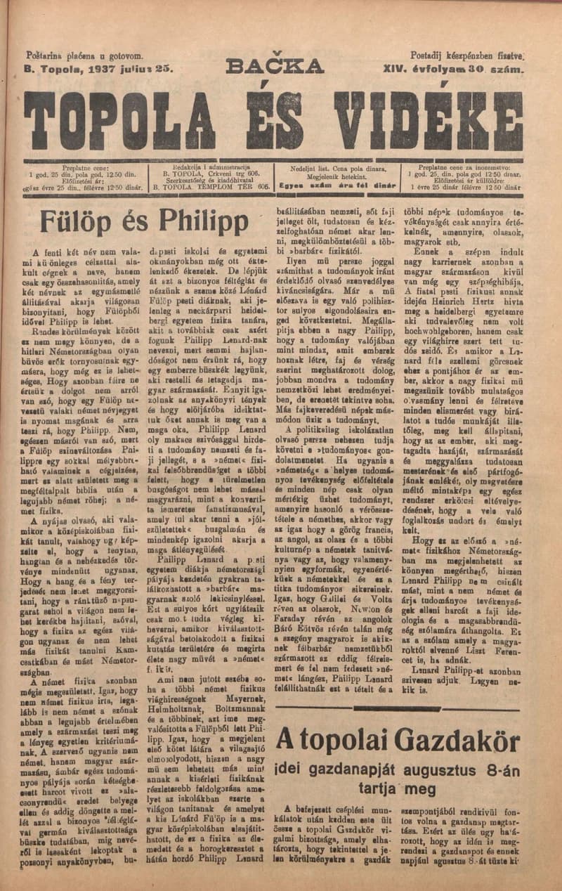 Bačka Topola és Vidéke, 14. évf. 1937. július 25. 30. sz.