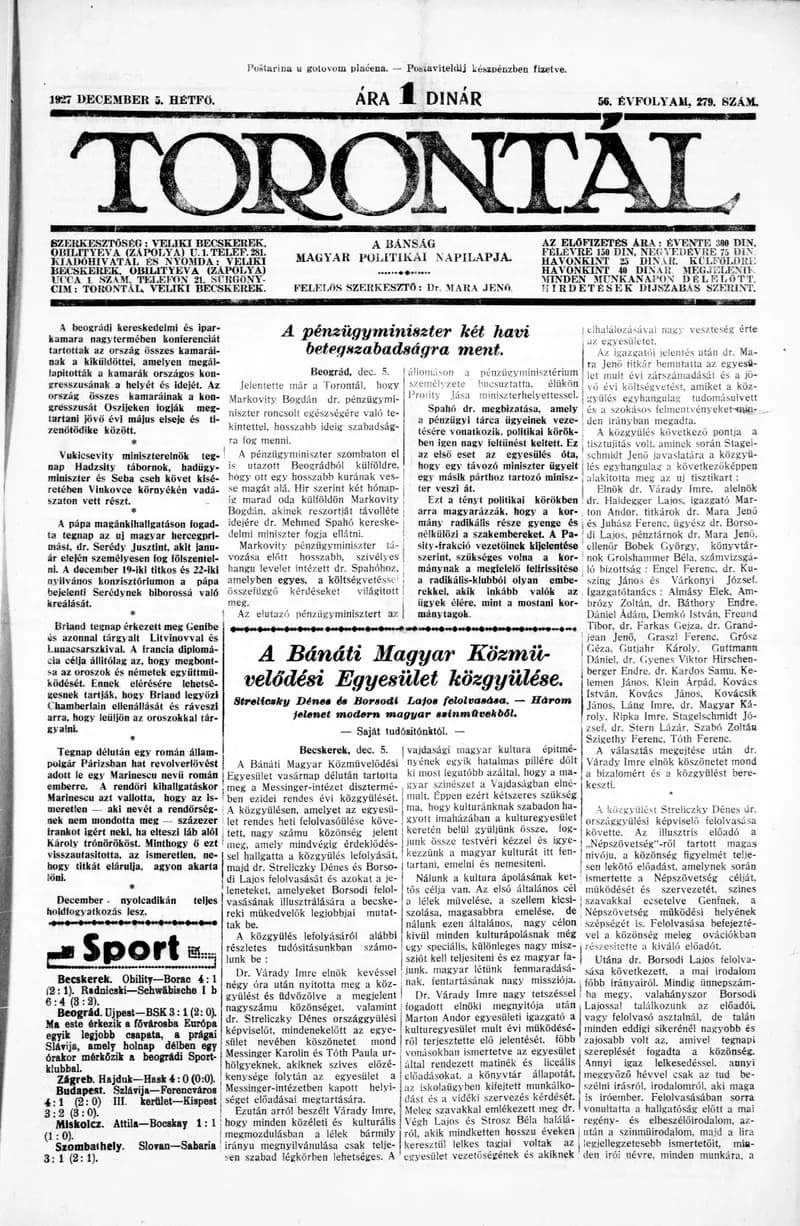 Torontál, 56. évf. 1927. december 5. 279. sz.