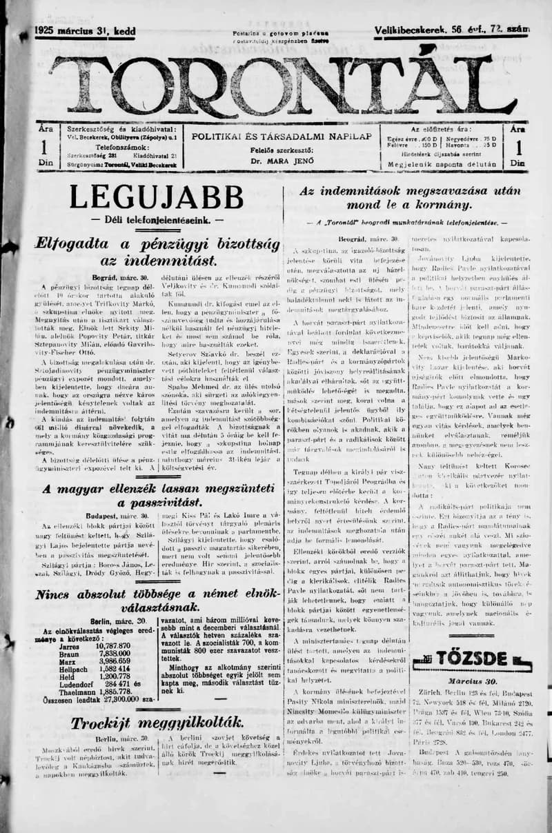 Torontál, 54. évf. 1925. március 31. 72. sz.