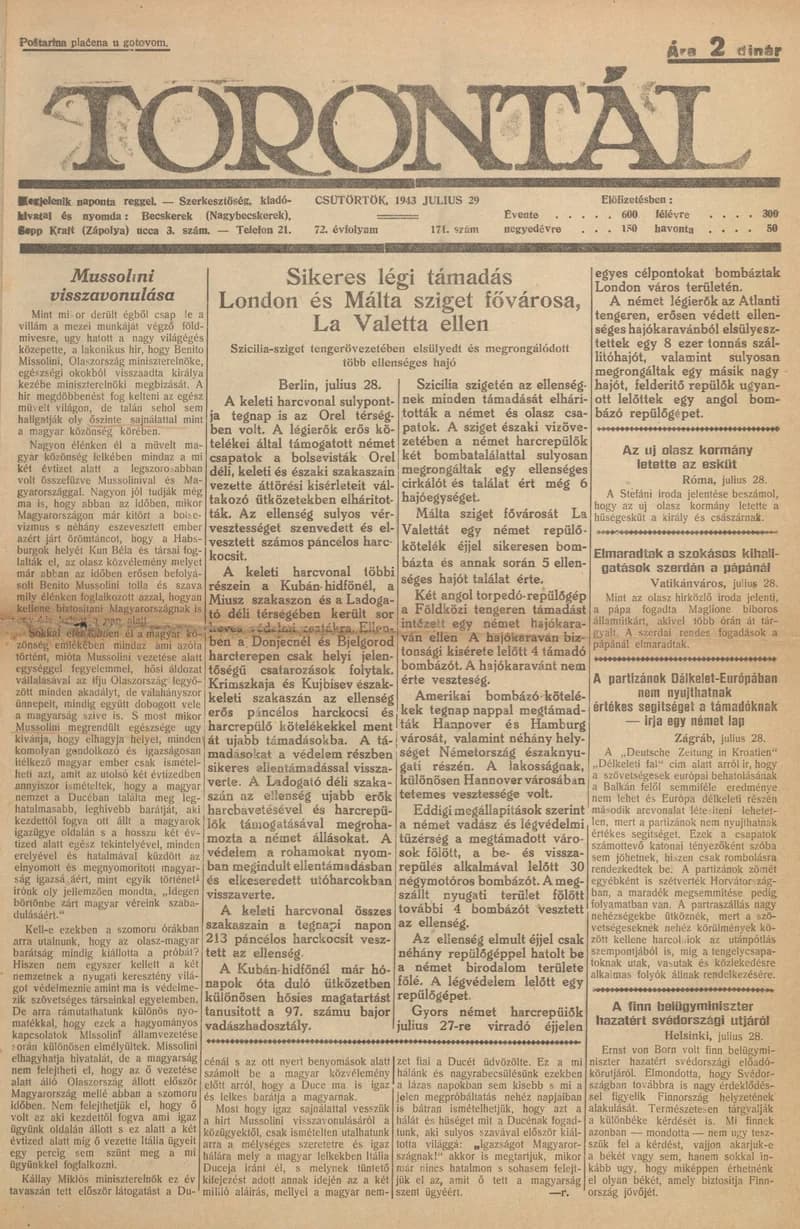 Torontál, 72. évf. 1943. július 29. 171. sz.