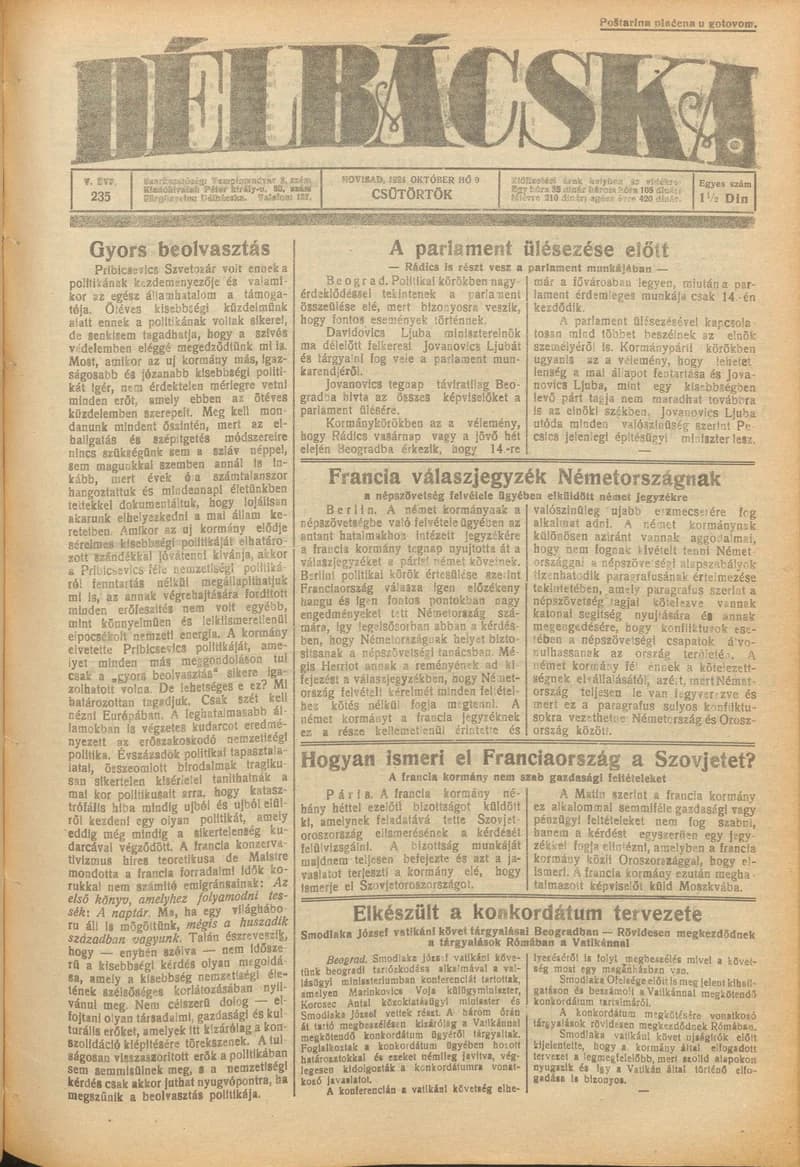 Délbácska, 5. évf. 1924. október 9. 235. sz.