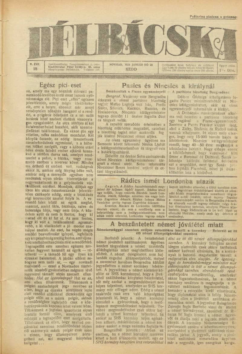 Délbácska, 5. évf. 1924. január 22. 18. sz.